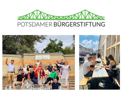 Logo bestehend aus Bild der Glienicker Brücke und schwarzer Schrift, Foto von lachenden und winkenden Personen auf Stühlen, Personen an einer Biertischgarnitur spielen Brettspiele
